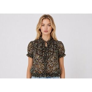 Kimchi Blue Sheer Floral Ruffle Blouse Brown Cottagecore Boho Puff Sleeve‎ Top